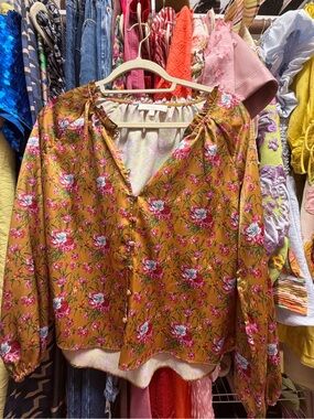 LoveShackFancy Mustard Floral V-Neck Blouse
